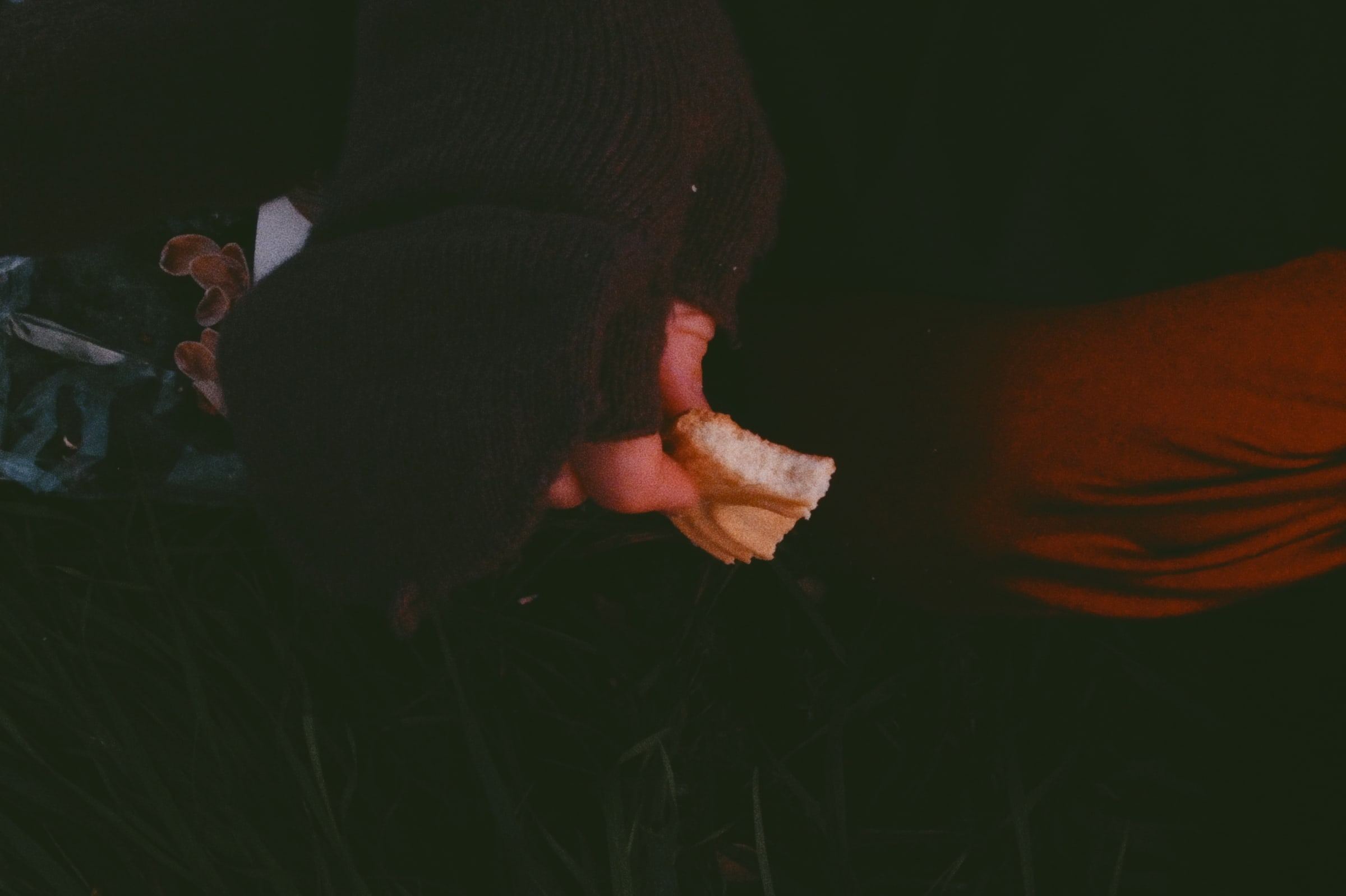 Hands holding a pale object in the dark, warm light