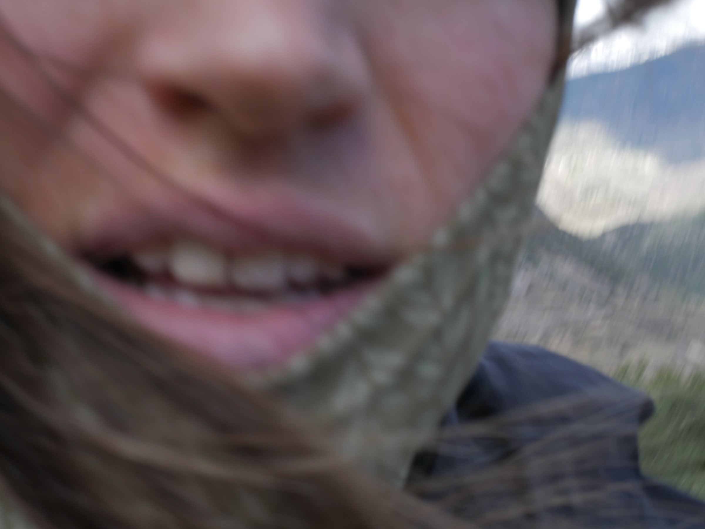 Close-up of a smiling mouth with hair blowing across it