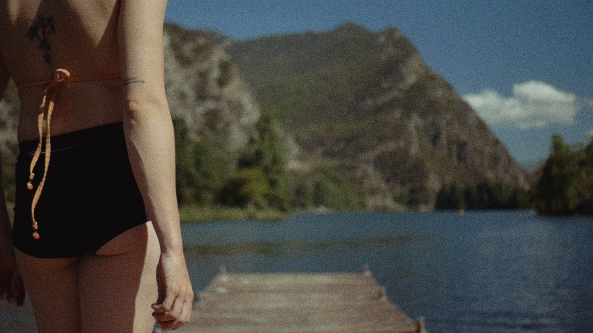 Torso in a swimsuit beside a lake and jetty