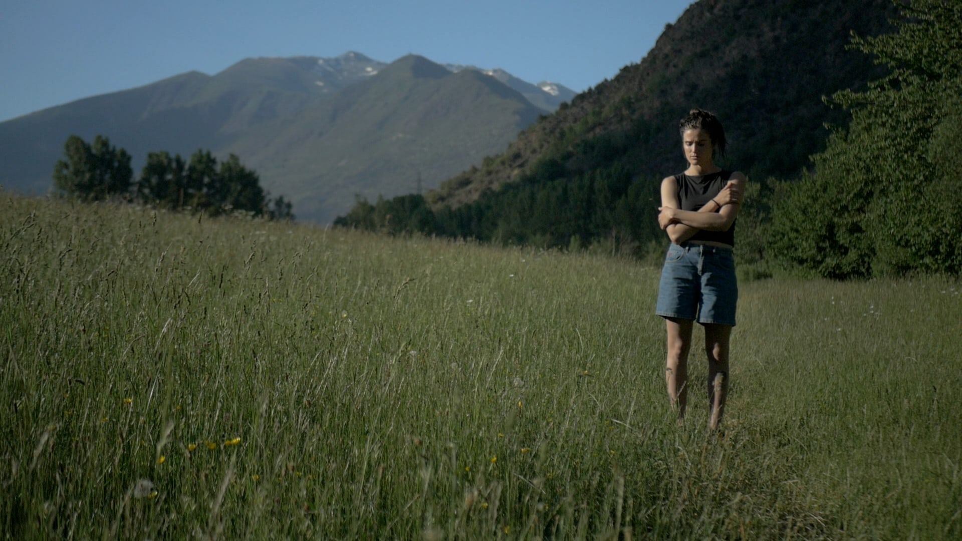 Person standing in a meadow below mountains