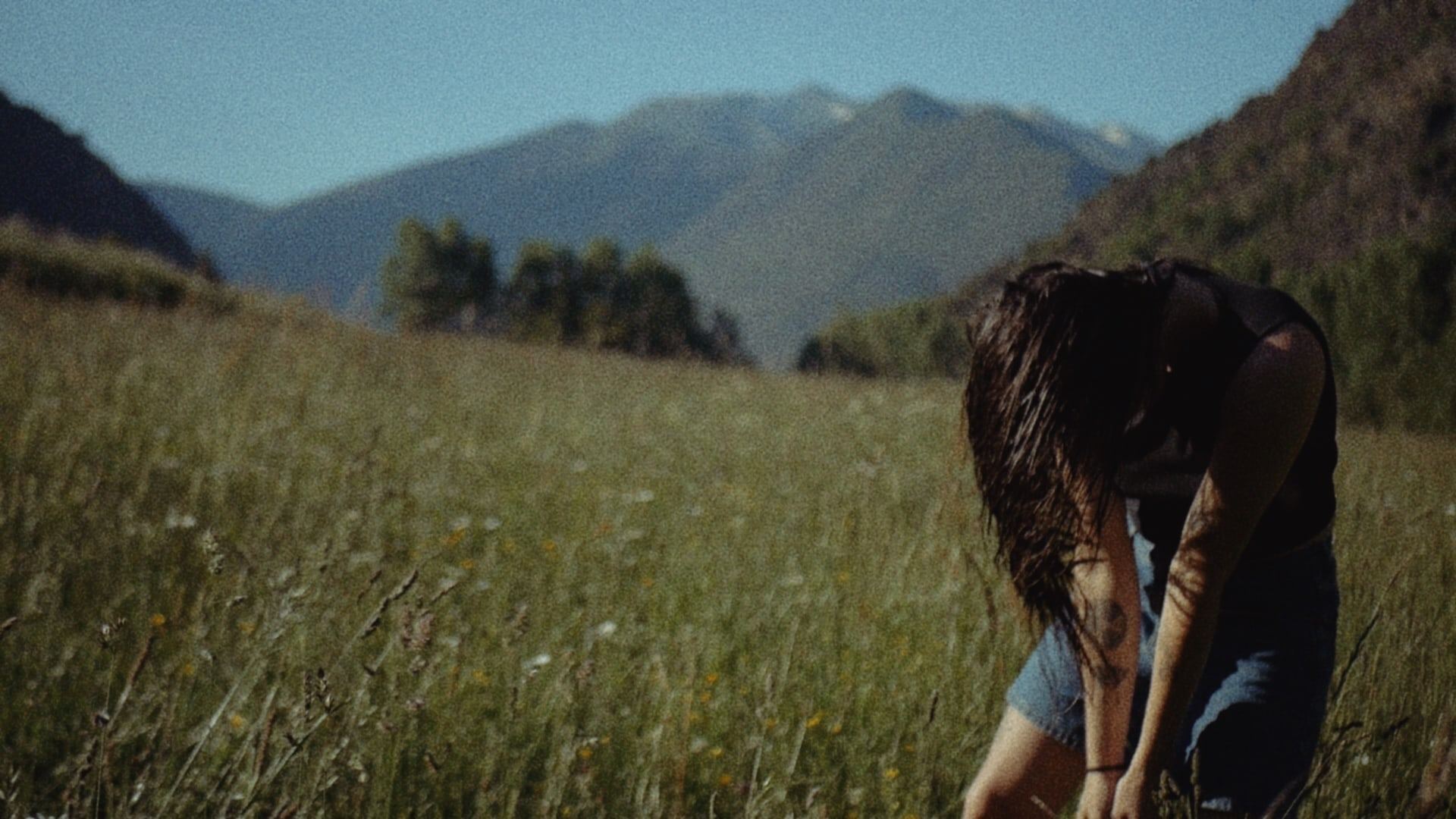 Woman bending in a meadow, hair covering her face
